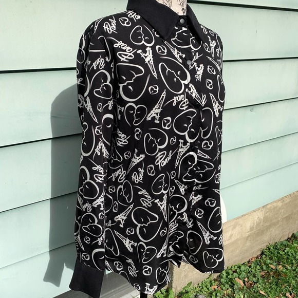 Catherine Malandrino Black & white heart button up collared long sleeve blouse - Picture 5 of 8